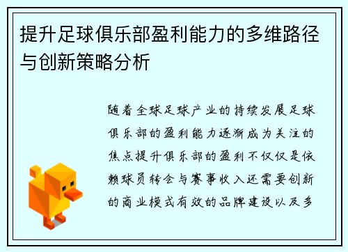 提升足球俱乐部盈利能力的多维路径与创新策略分析