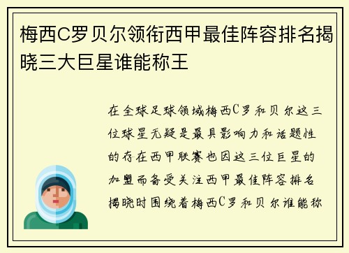 梅西C罗贝尔领衔西甲最佳阵容排名揭晓三大巨星谁能称王