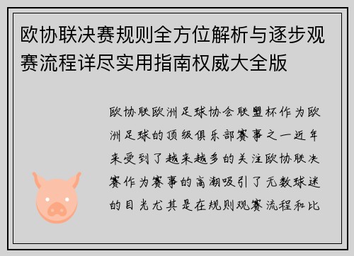 欧协联决赛规则全方位解析与逐步观赛流程详尽实用指南权威大全版