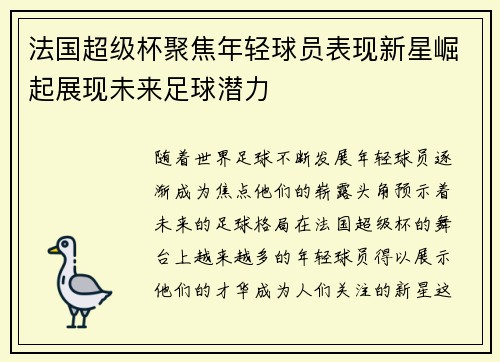 法国超级杯聚焦年轻球员表现新星崛起展现未来足球潜力